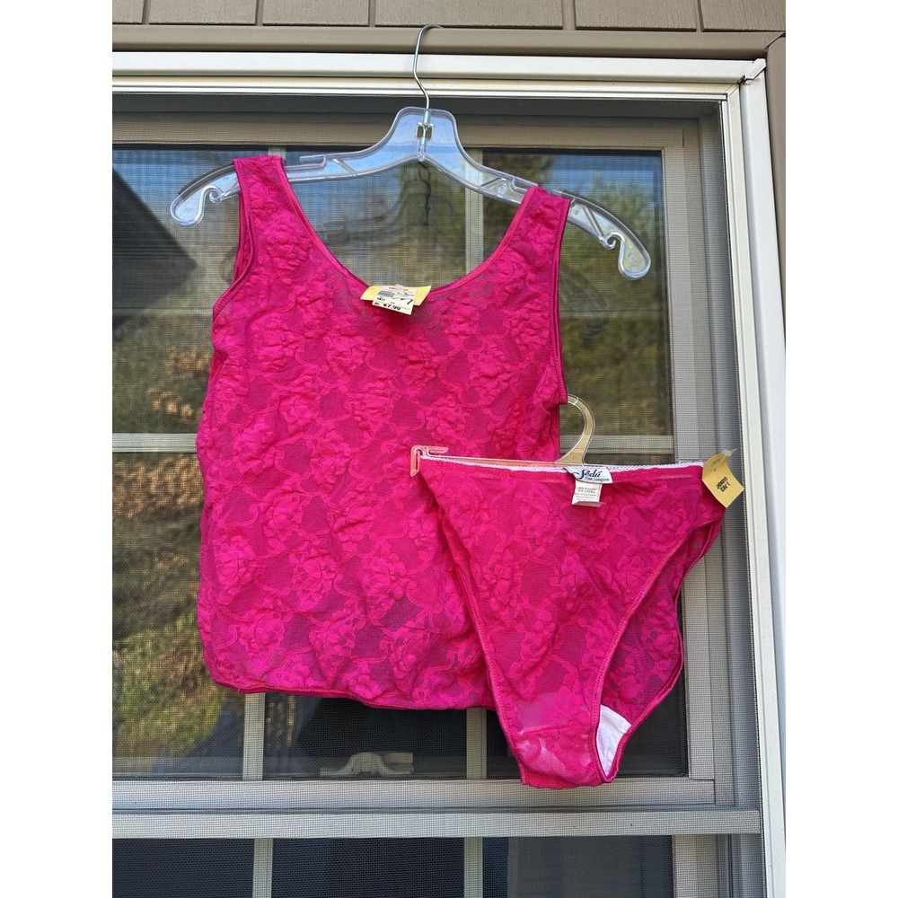 Vintage SEDU hot pink lace  Panty& Cami set Size Medium New W/ tags